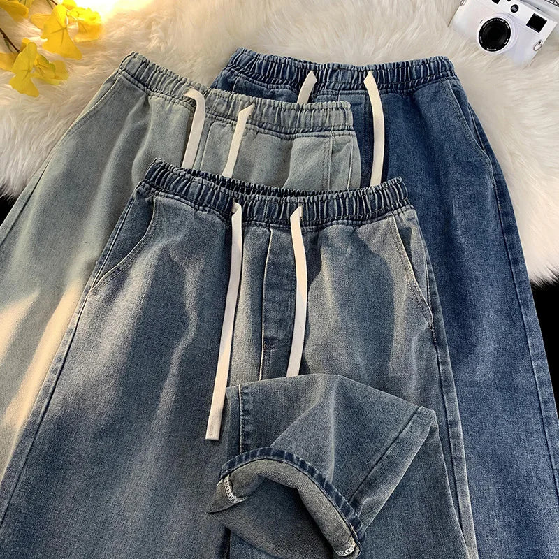 Autumn Jeans Men's Baggy Straight Drawstring Elastic Waist Personality Fashion Vintage Denim Trousers Streetwear 3XL
