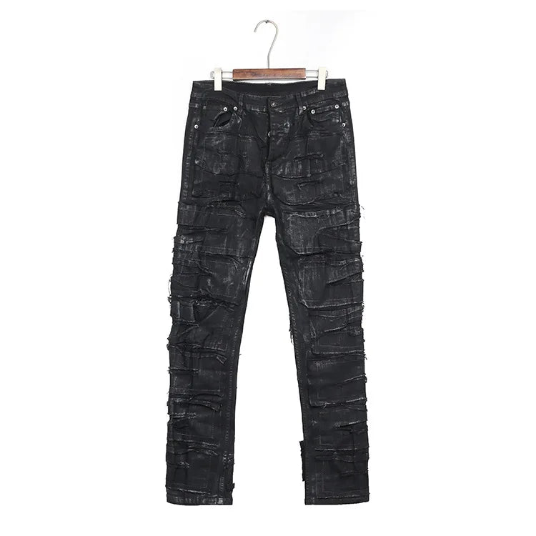 Men Wax Denim Jeans Cotton Casual Men's Clothing Coated Autumn Straight Solid High Street Black Jeans Long Pants