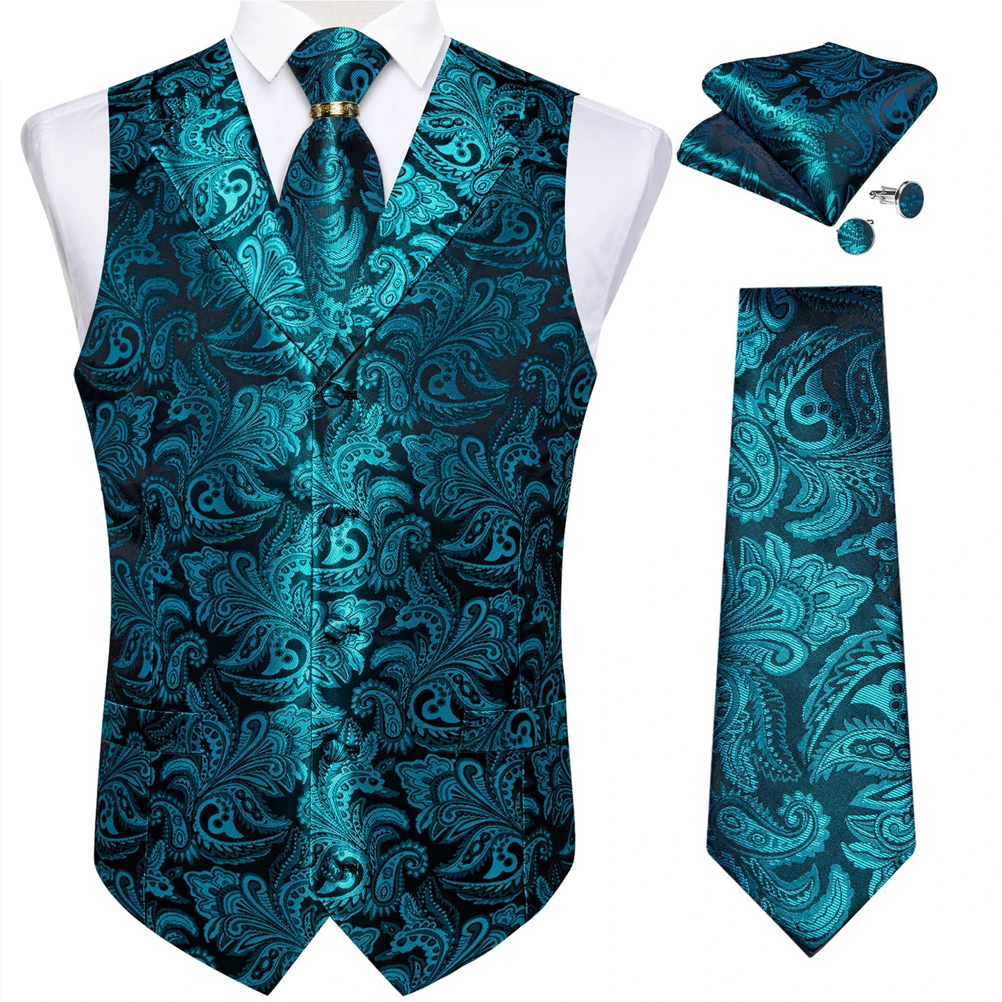 Luxury Royal Blue Paisley Silk Suit Vest Tie Set with Dragon Metal Ring Handkerchief Cufflinks Wedding Prom Tuxedo Waistcoat