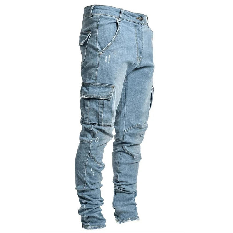 Mens Stretchy Skinny Ripped Jeans Men Side Pocket Washed Slim Denim Pants Biker Jeans Fashion Sweatpants Hip Hop Trousers Jogger
