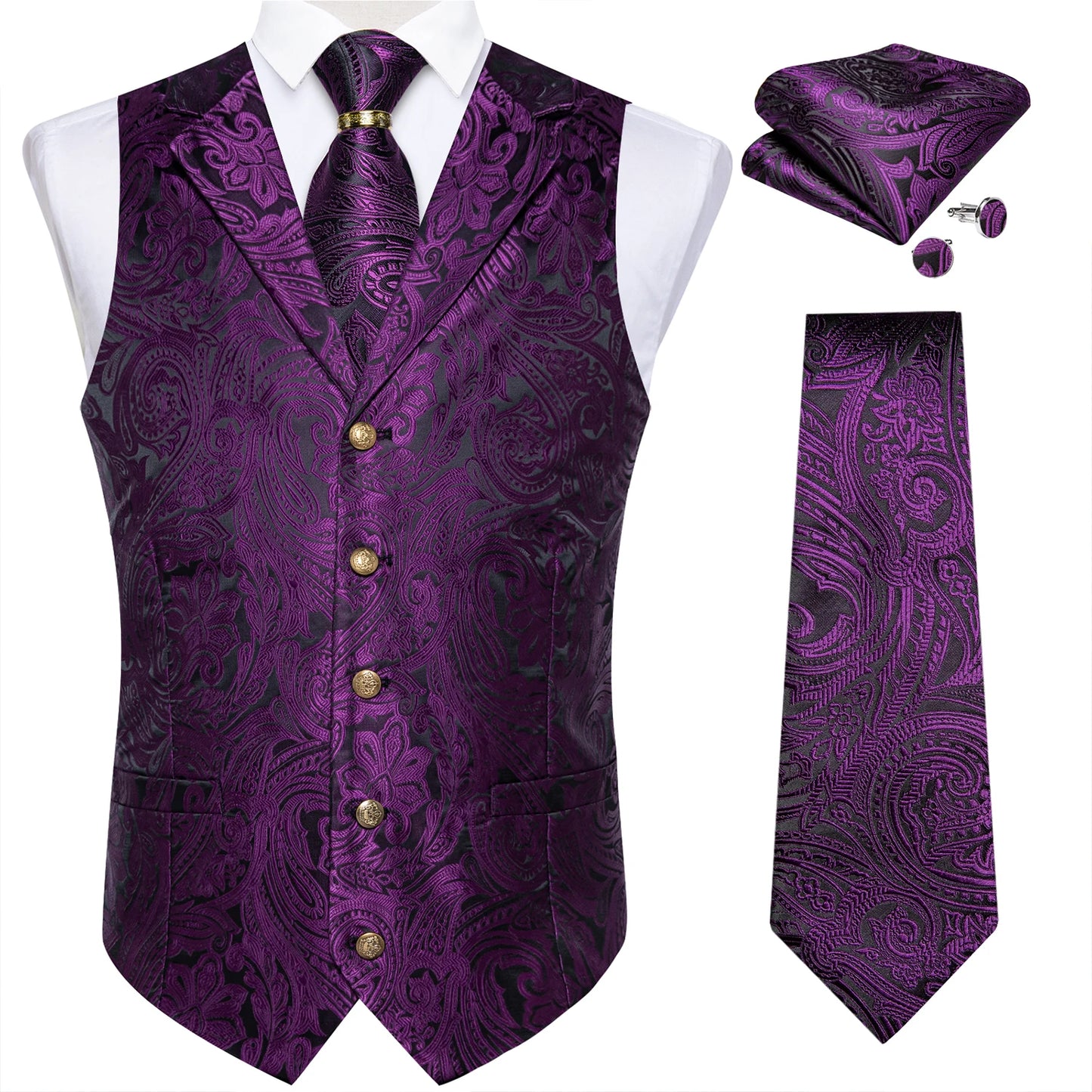 Luxury Royal Blue Paisley Silk Suit Vest Tie Set with Dragon Metal Ring Handkerchief Cufflinks Wedding Prom Tuxedo Waistcoat