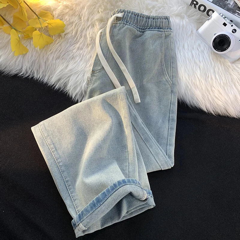 Autumn Jeans Men's Baggy Straight Drawstring Elastic Waist Personality Fashion Vintage Denim Trousers Streetwear 3XL