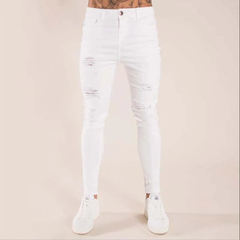 White Embroidery Skinny Ripped Jeans Men Cotton Stretchy Slim Fit Hip Hop Denim Pants Casual Jeans for Men Jogging Trousers