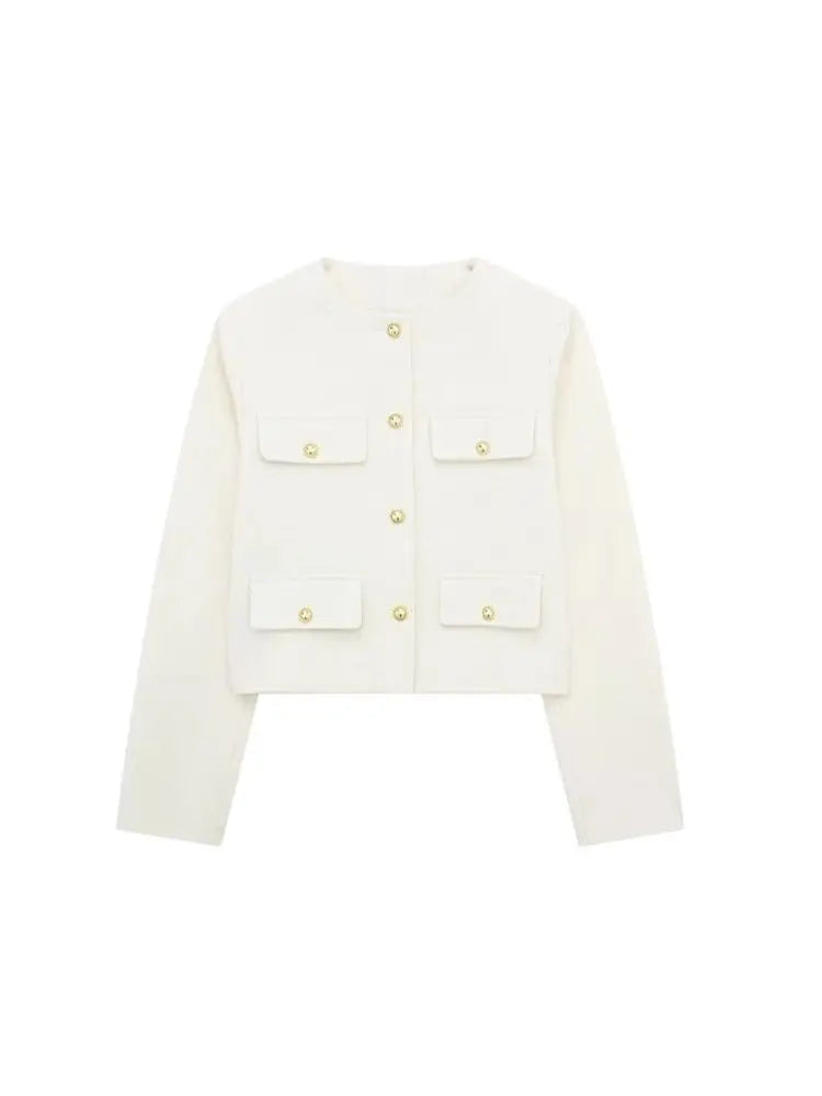 TRZA-Women's Golden Button Jacket Coat, O Neck, Long Sleeve, Female Outerwear, Chic Tops, Fashion