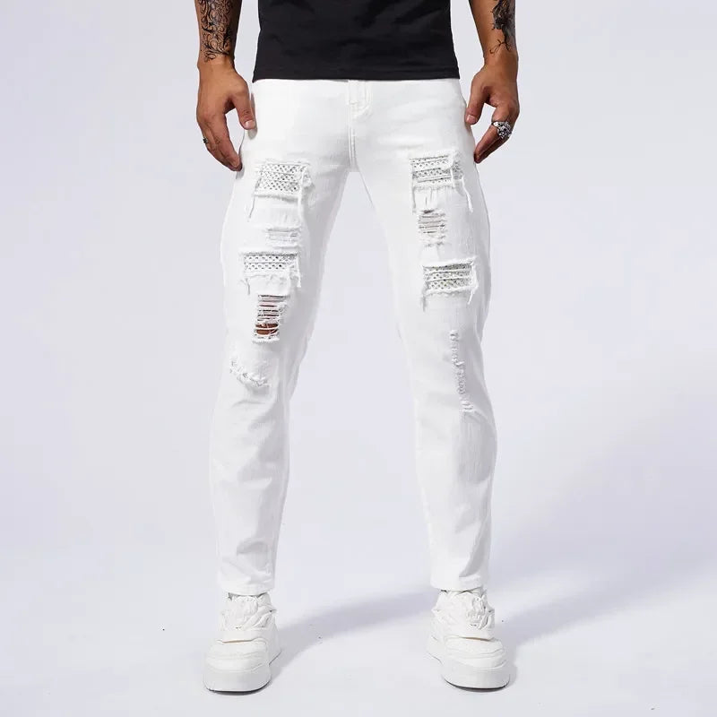 98% Cotton Ripped Slim White Jeans Men High Elasticity Clothing Fashion Small Feet Hip Hop Male Denim Trousers Streetwear