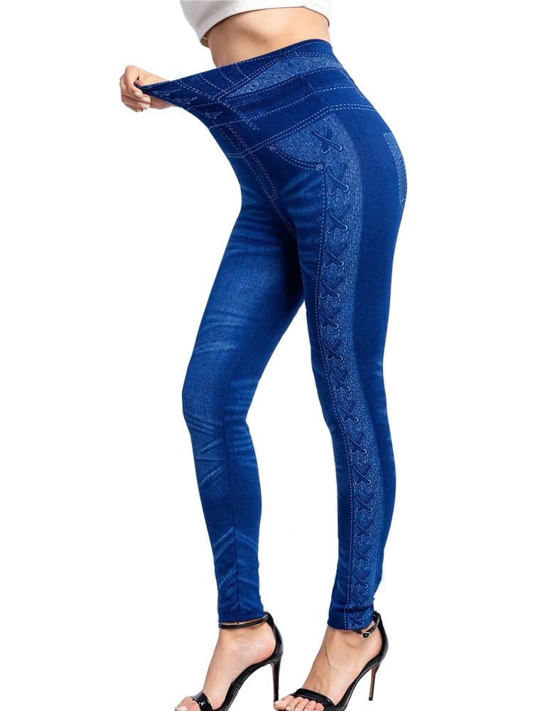 CUHAKCI Women's High Waist Seamless Push Up Faux Denim Jeggings – Stretchy Skinny Leggings Pants