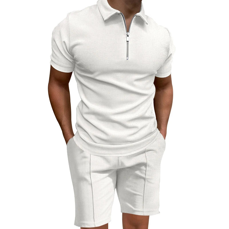 Cross border 2024 summer men's polo shirt set solid color waffle short sleeve slim lapel t-shirt casual men's set