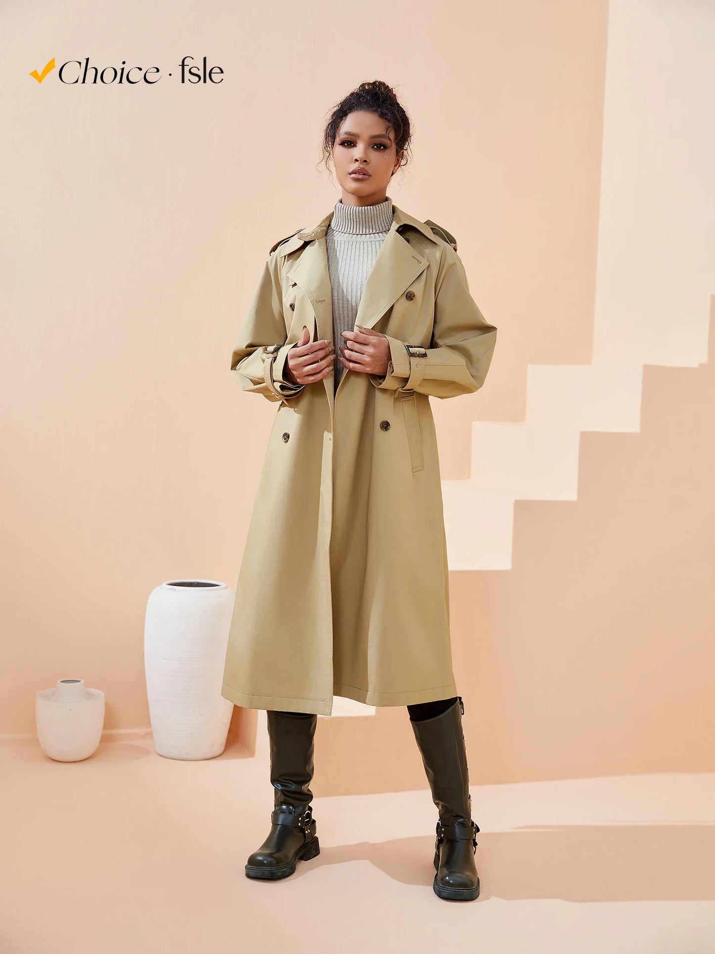 FSLE Women Trench Khaki Autumn Long Trench Coats Turn Down Collar Full Sleeve 100% Cotton Women Oversized Trench 24FS11325