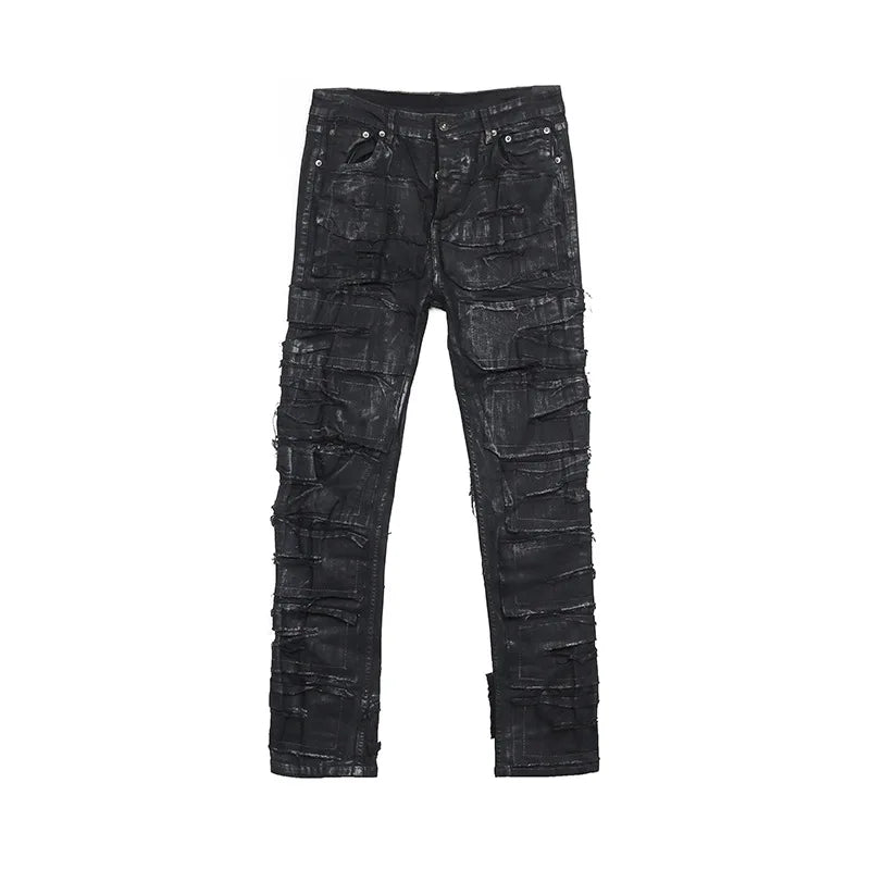 Men Wax Denim Jeans Cotton Casual Men's Clothing Coated Autumn Straight Solid High Street Black Jeans Long Pants