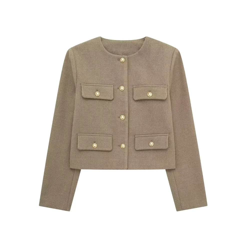 TRZA-Women's Golden Button Jacket Coat, O Neck, Long Sleeve, Female Outerwear, Chic Tops, Fashion