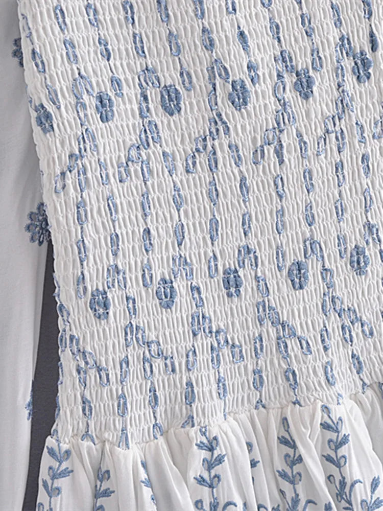 "2022 Romantic Puff Sleeve Embroidered Floral Mini Dress – White Blue Ruched Body with Ruffle Hem"