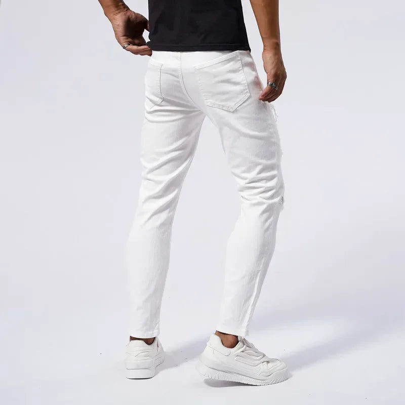 98% Cotton Ripped Slim White Jeans Men High Elasticity Clothing Fashion Small Feet Hip Hop Male Denim Trousers Streetwear