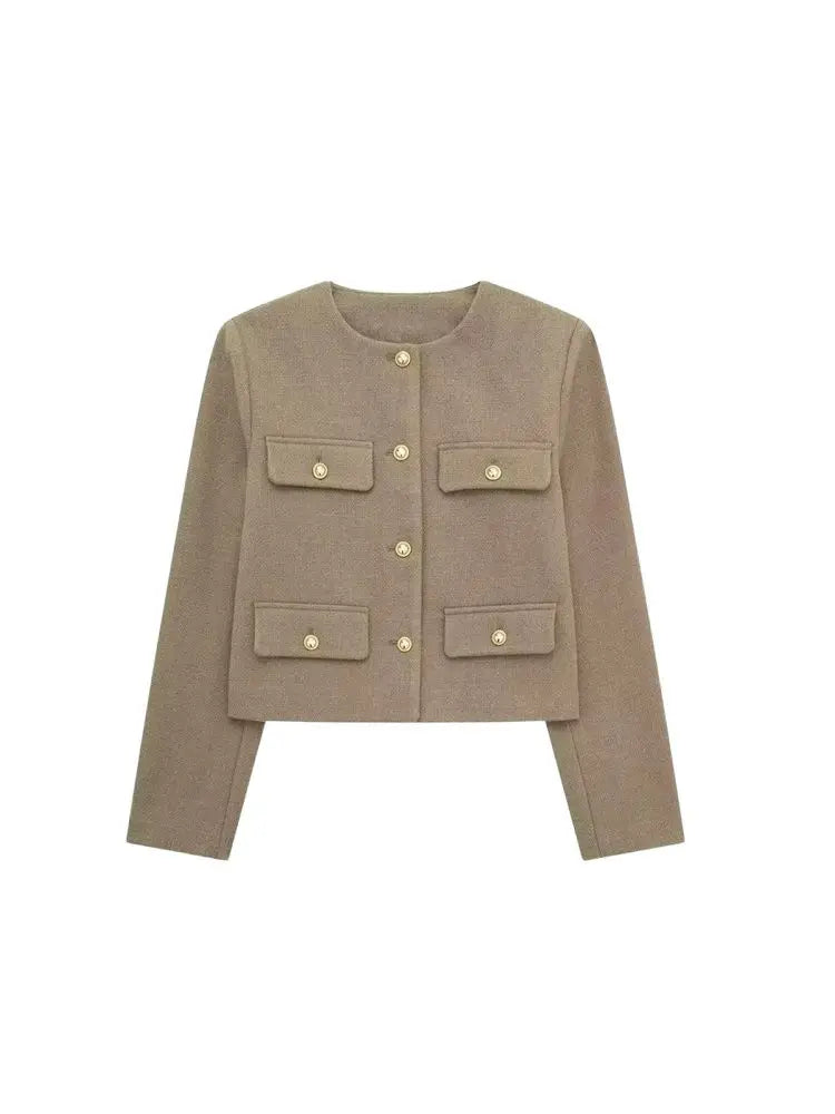 TRZA-Women's Golden Button Jacket Coat, O Neck, Long Sleeve, Female Outerwear, Chic Tops, Fashion