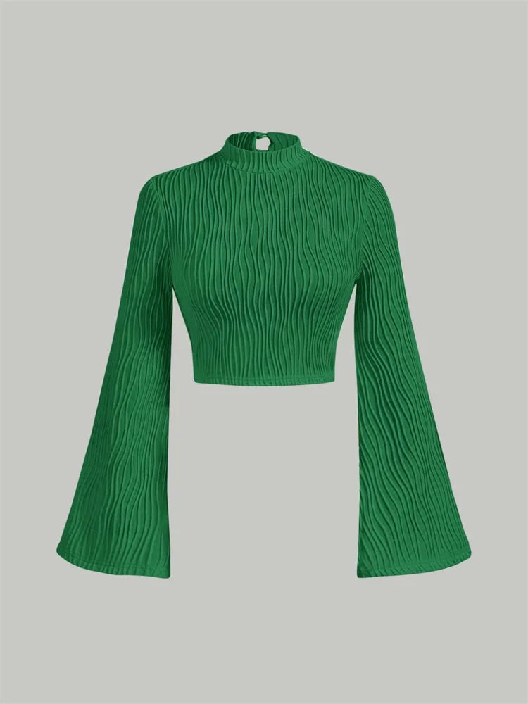 Women Textured Mock Neck Flare Long Sleeve Crop Top Fall Winter Elegant Preppy Style Y2K Rib Knit Slim T Shirt Blouse 2023