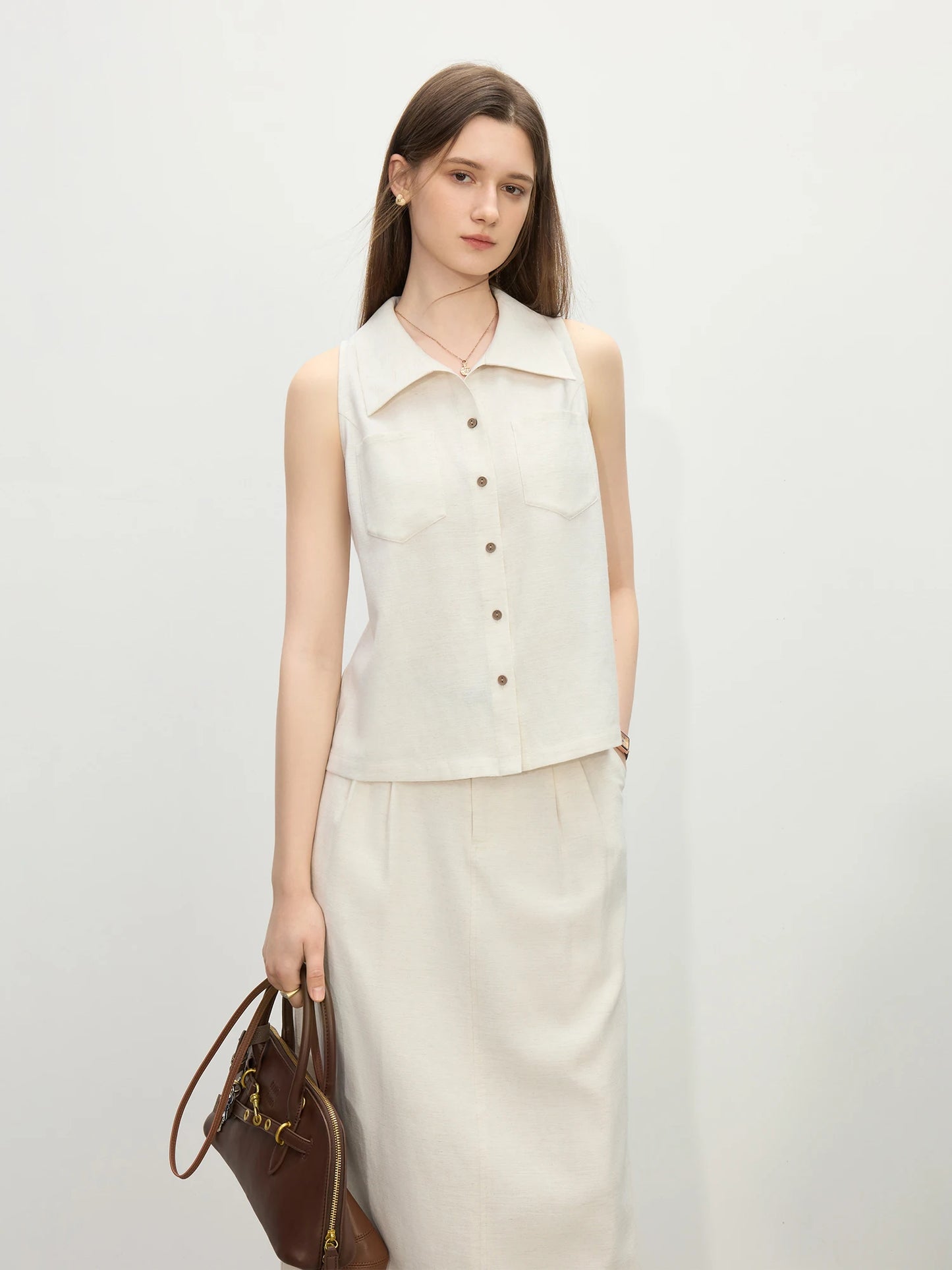 FSLE 2025 Summer Women's Minimalist Sleeveless Shirt Set - Relaxed Fit & Fluid Skirt Coordination 25FS12040+25FS12041