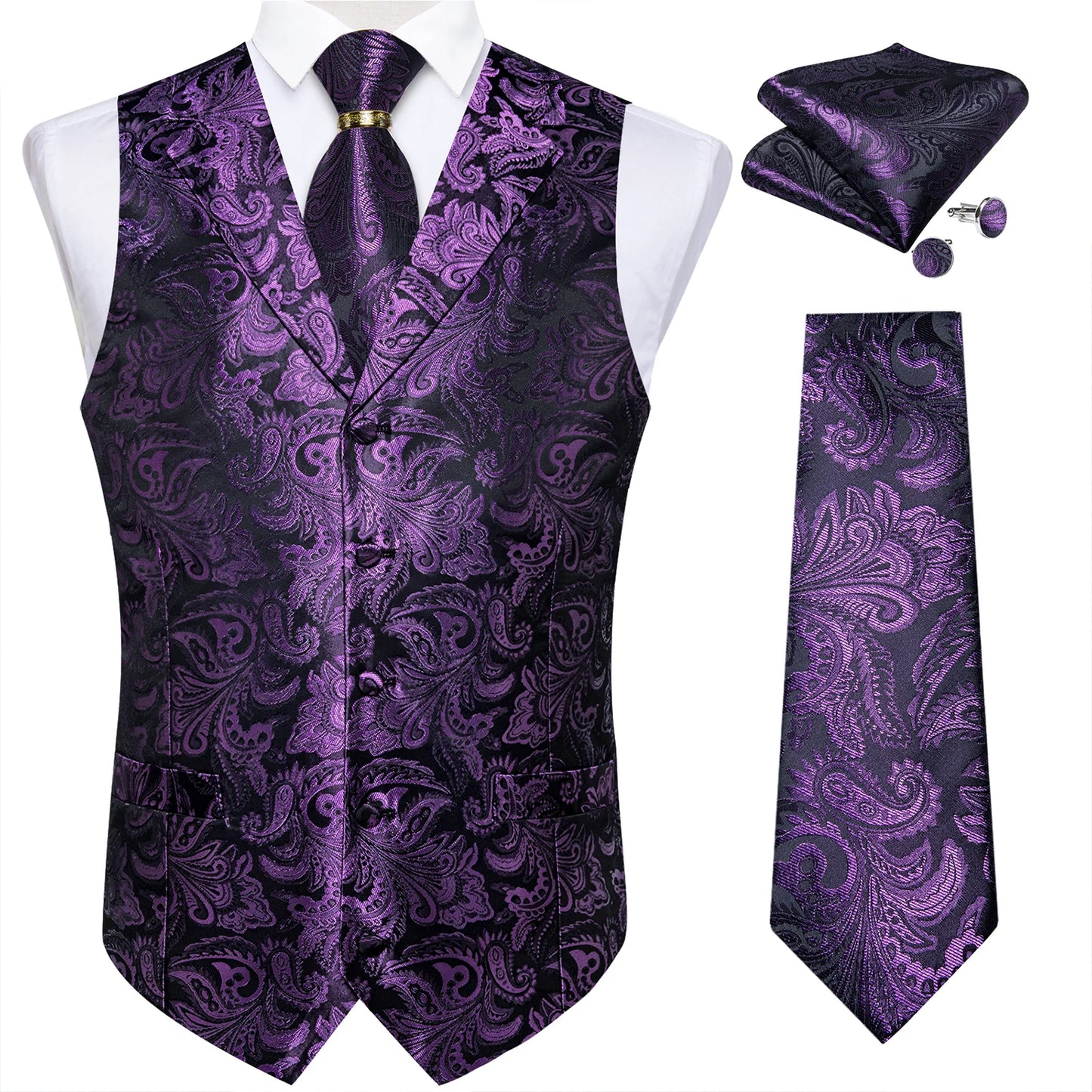 Luxury Royal Blue Paisley Silk Suit Vest Tie Set with Dragon Metal Ring Handkerchief Cufflinks Wedding Prom Tuxedo Waistcoat