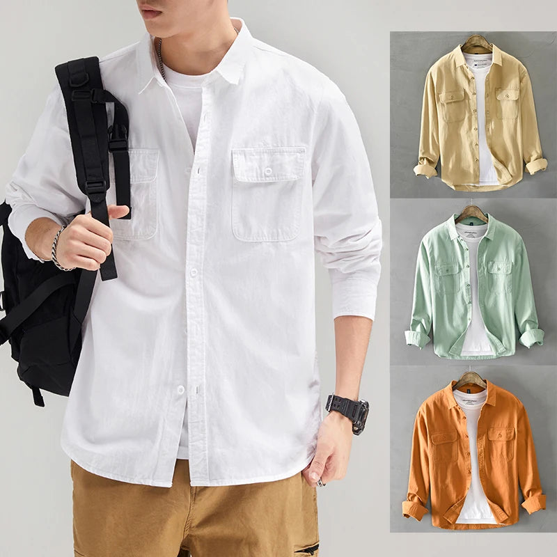 HIQOR 2025 Men Casual White Shirts Long-sleeved Chest Two Pocket Design 100% Cotton Solid Casual Turn-down Collar Shirt M-3XL