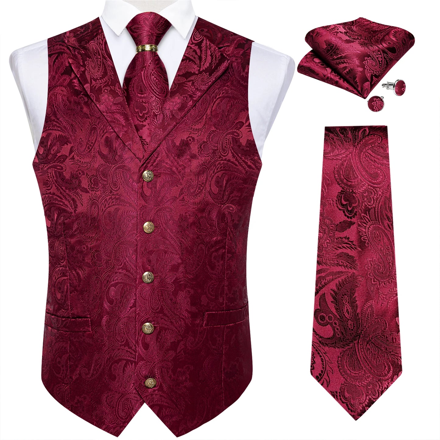 Luxury Royal Blue Paisley Silk Suit Vest Tie Set with Dragon Metal Ring Handkerchief Cufflinks Wedding Prom Tuxedo Waistcoat