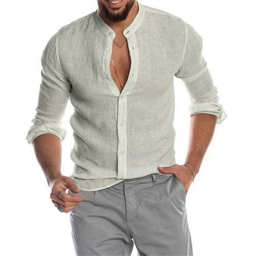 New Spring Men's Fashion Casual Shirt Button Linen Cotton Comfortable Daily Tops Long Sleeve Shirt