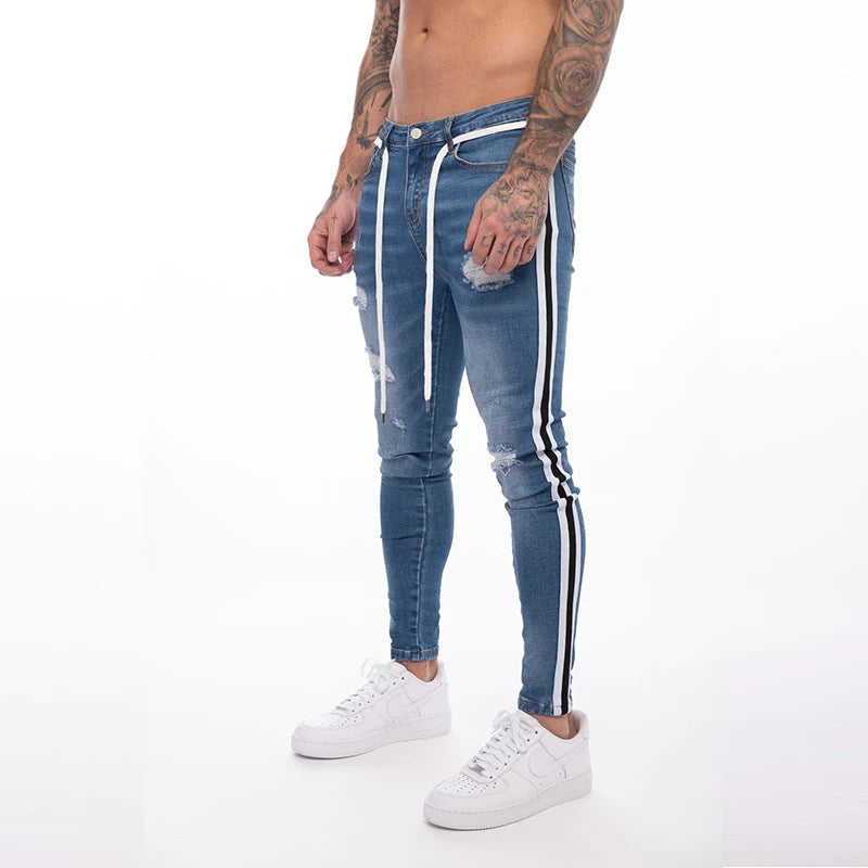 White Embroidery Skinny Ripped Jeans Men Cotton Stretchy Slim Fit Hip Hop Denim Pants Casual Jeans for Men Jogging Trousers