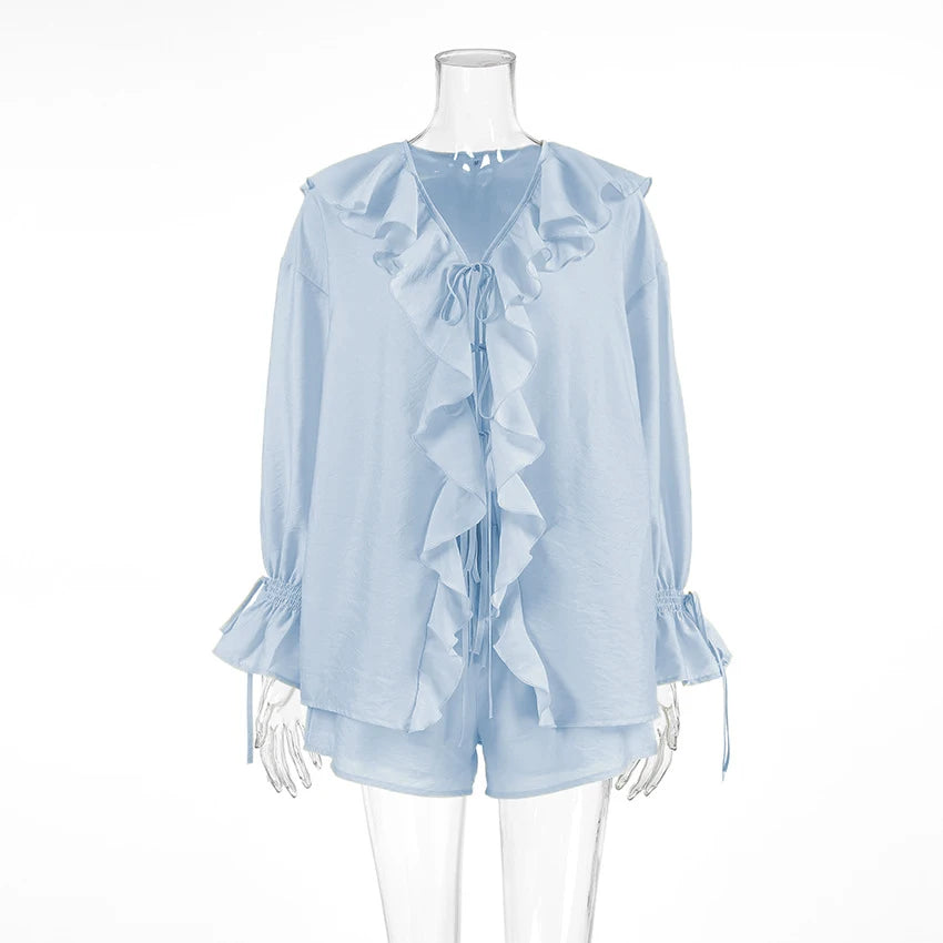 Tornova Women's 2-Piece Ruffled Shorts Set – V-Neck Lace-Up Top & Casual Summer Shorts