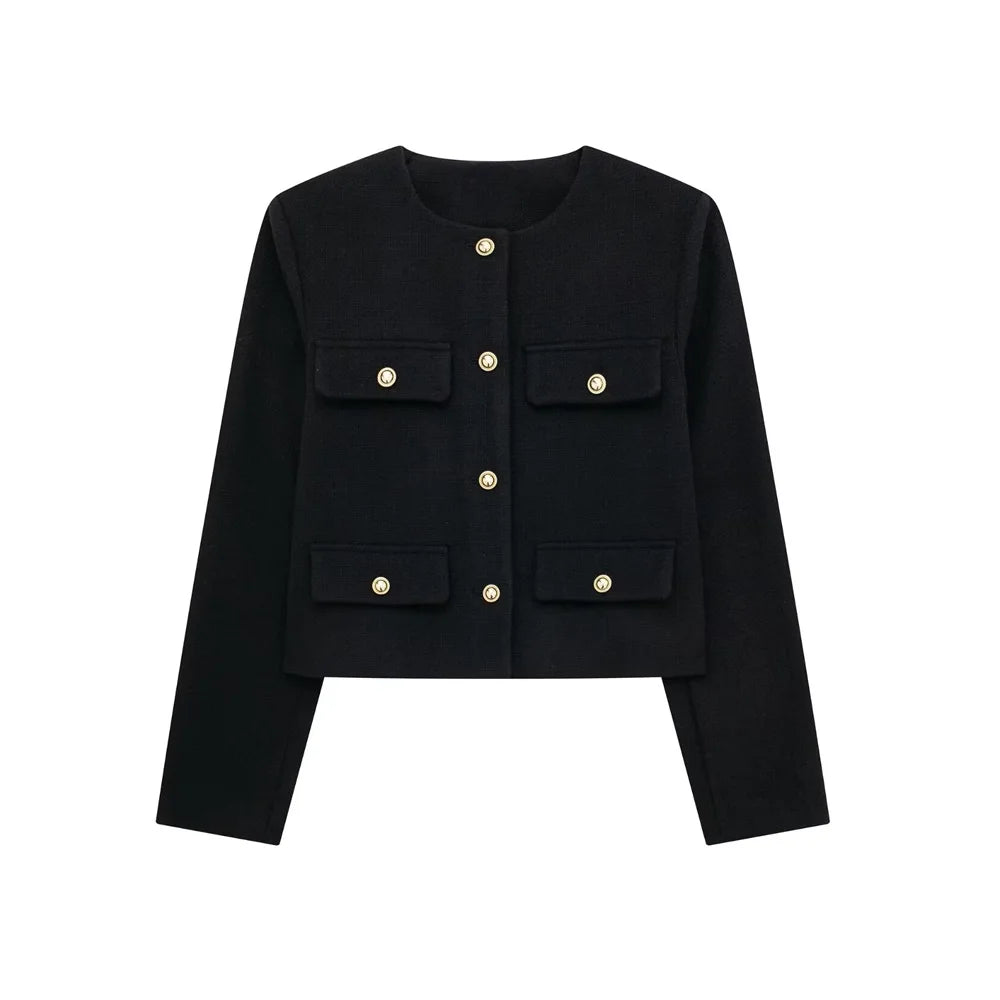 TRZA-Women's Golden Button Jacket Coat, O Neck, Long Sleeve, Female Outerwear, Chic Tops, Fashion