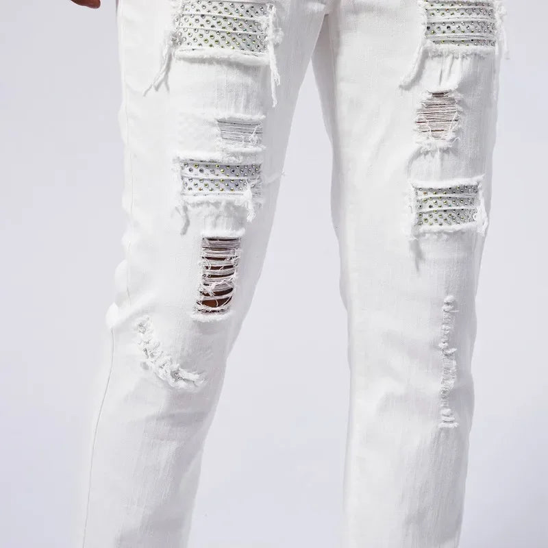 98% Cotton Ripped Slim White Jeans Men High Elasticity Clothing Fashion Small Feet Hip Hop Male Denim Trousers Streetwear
