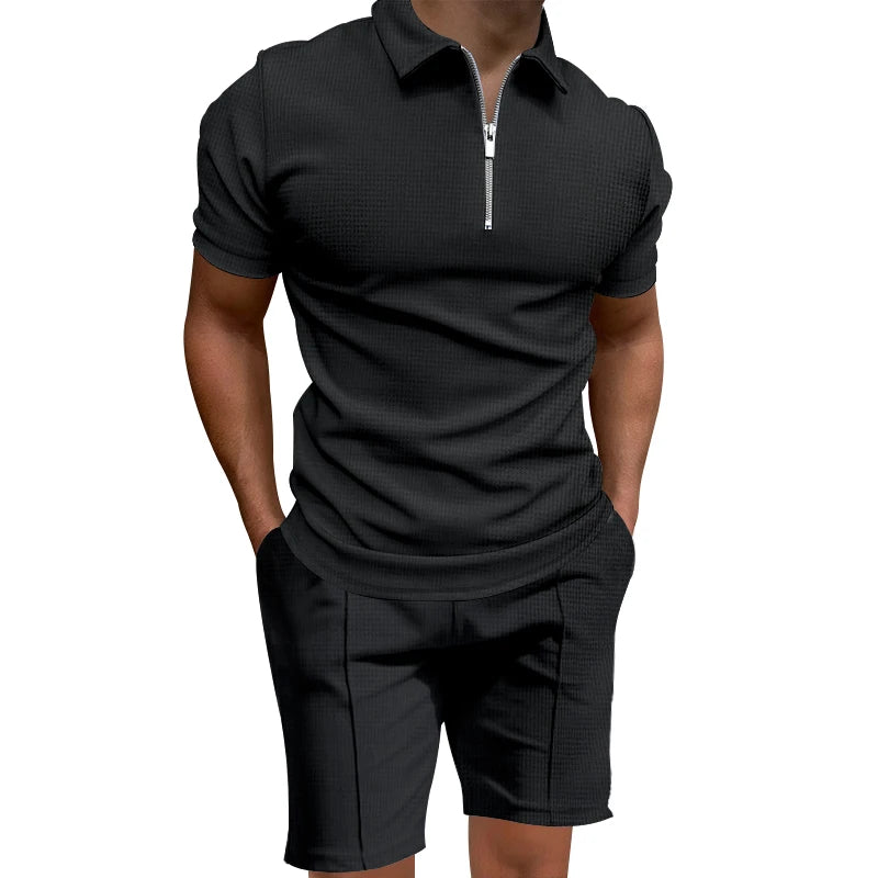 Cross border 2024 summer men's polo shirt set solid color waffle short sleeve slim lapel t-shirt casual men's set