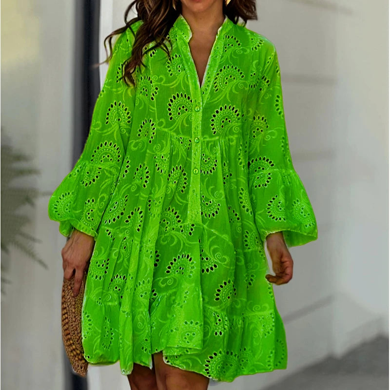 Summer Elegant Vintage Solid Lace Dress V-neck Loose Hollow Out Pattern Embroidery Vestidos Women Beach Sexy Mini White Dresses