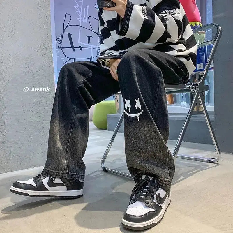 Harajuku Smile Print Baggy Pants Men Streetwear Wide Leg Oversize Jeans Vintage Y2k Straight Long Trousers Male 2024 Fashion