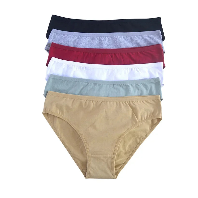 6-Pack Women's Cotton Panties – Mid-Waist, Solid Colors, Breathable & Soft Underwear