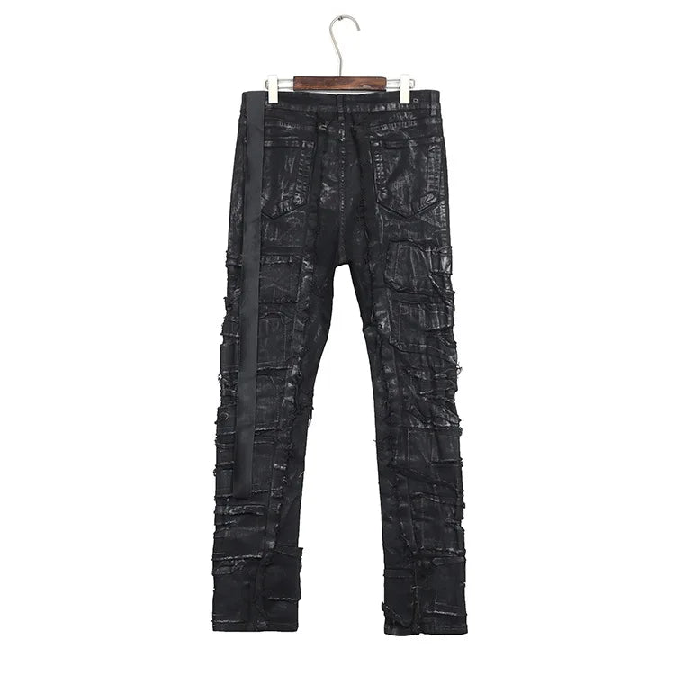 Men Wax Denim Jeans Cotton Casual Men's Clothing Coated Autumn Straight Solid High Street Black Jeans Long Pants