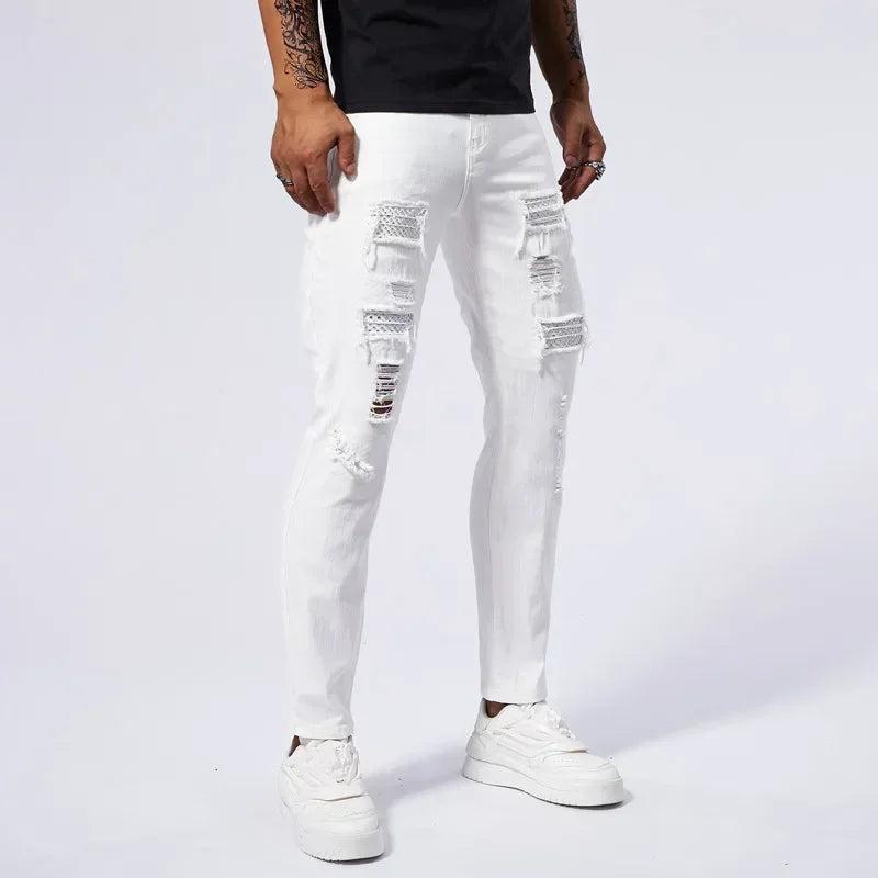 98% Cotton Ripped Slim White Jeans Men High Elasticity Clothing Fashion Small Feet Hip Hop Male Denim Trousers Streetwear