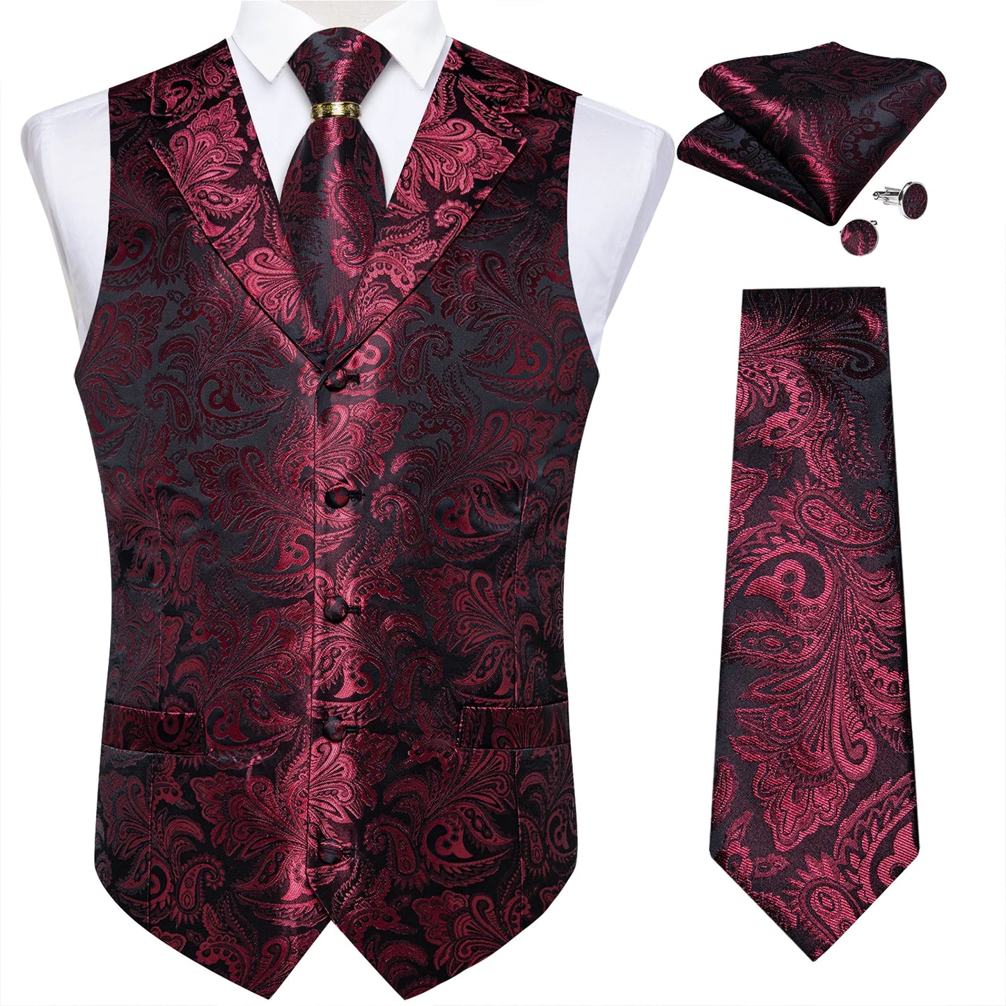 Luxury Royal Blue Paisley Silk Suit Vest Tie Set with Dragon Metal Ring Handkerchief Cufflinks Wedding Prom Tuxedo Waistcoat