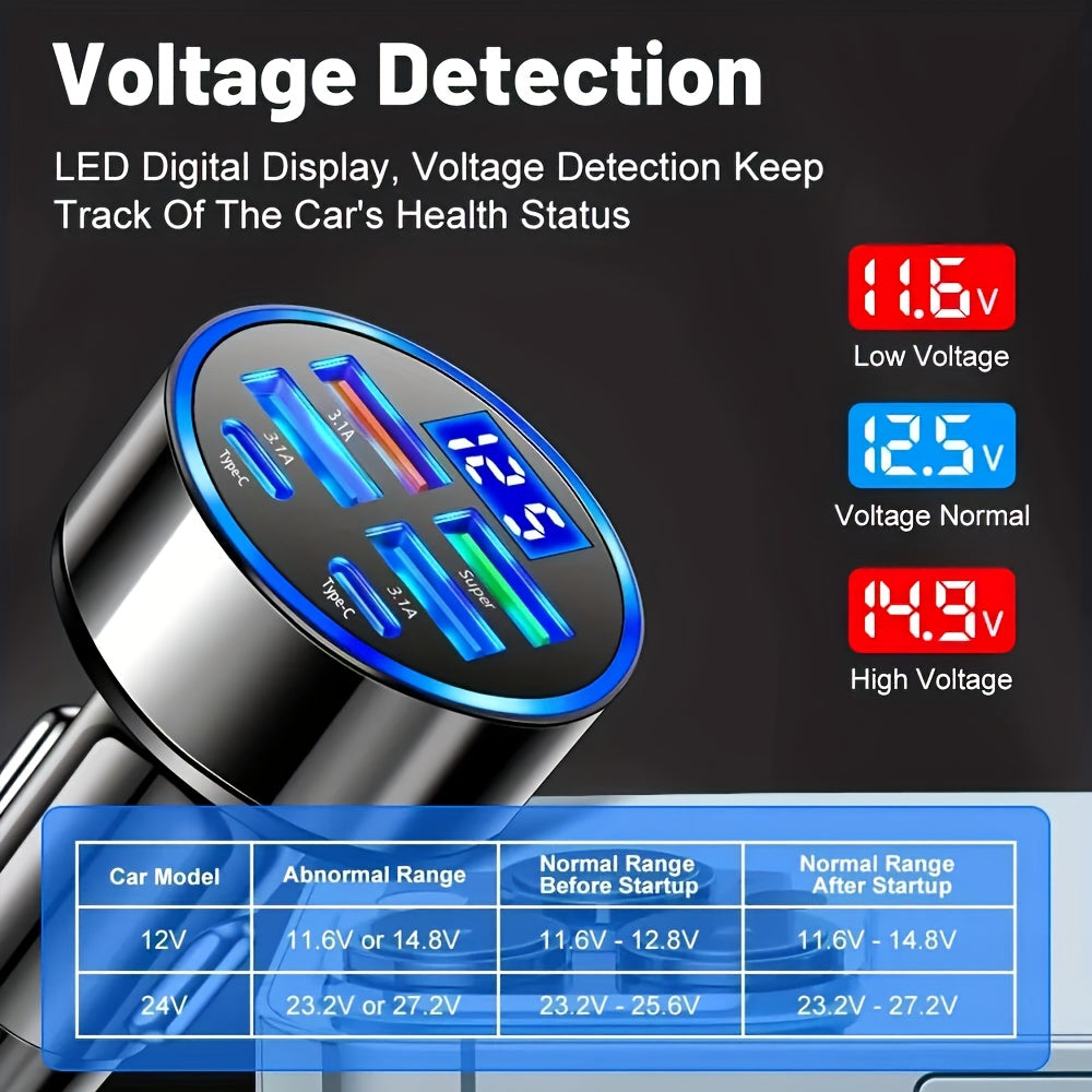 Yixingjia's New Digital Display Car Charger QC3.0+3.1A Car Charger Car Phone Charger Multi-function Car Charger One Drag Six Car Conversion Plug Dual PD Car Charger Flash Charge
