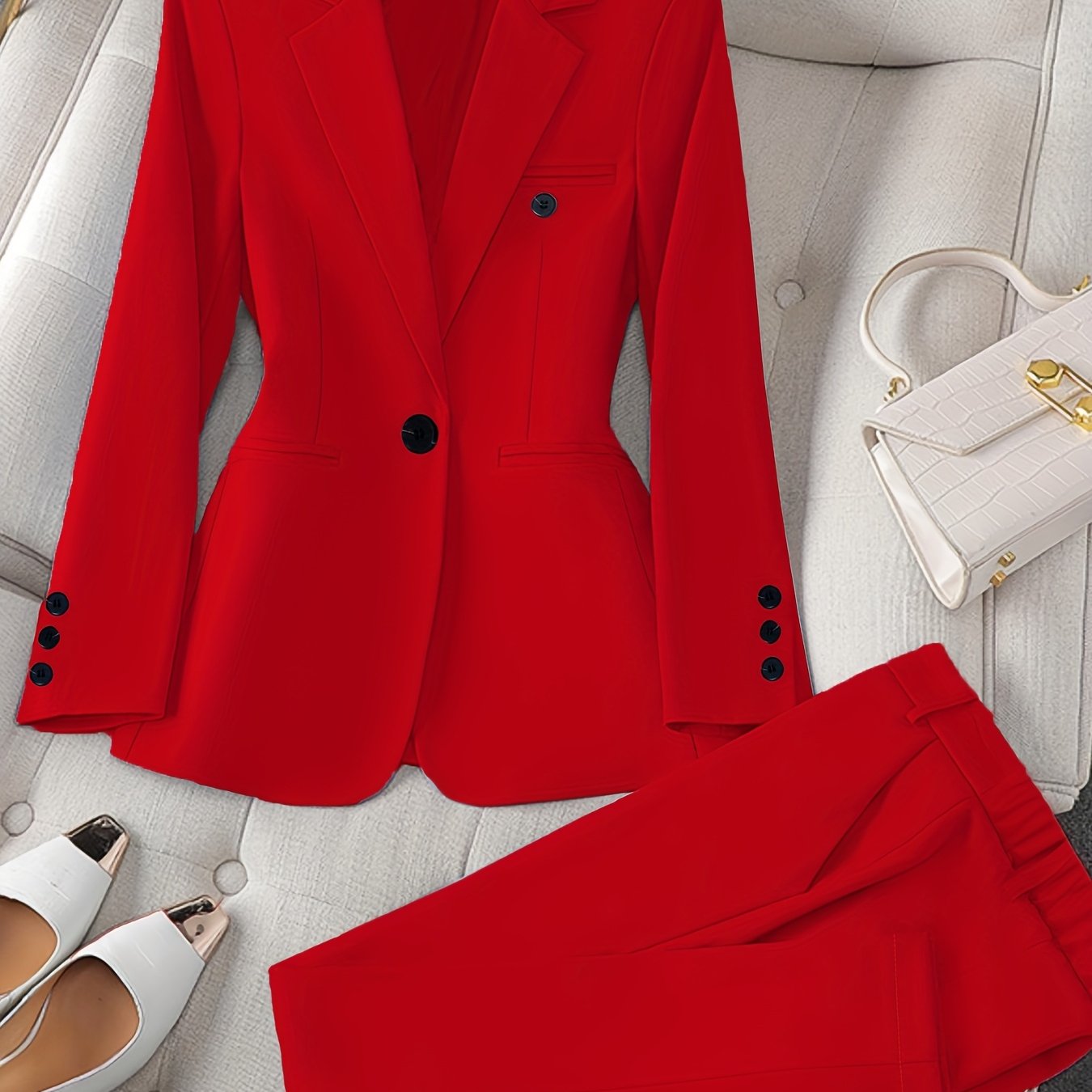 Women'S Casual Two-Piece Set, Stylish Business Solid Color Long Sleeve Suit Jacket and Pants Set, Polyester, Lapel Collar, Regular Fit, All Season, with Optional Handbag and Earrings, for Fashionable Workwear, Business Attire