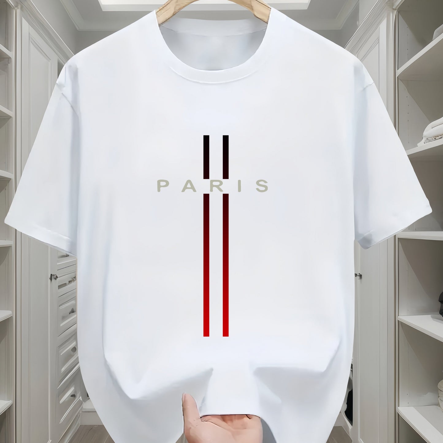 Men's 100% Cotton T-Shirt with Paris Flag Letter Geometric Print - Casual All-Season Crew Neck Tee with Short Sleeves and Slight Stretch - Comfortable Knit Fabric Regular Fit Sportswear Top