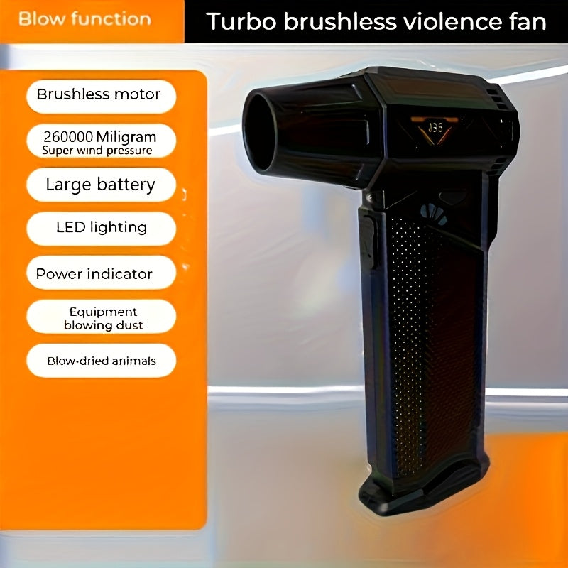 1pc Personal USB Charging Fan, Handheld Portable Turbine Blower with LED Lighting Feature, High-Speed Brushless Motor, Large Capacity Battery, Powerful Car Windshield Defroster, Outdoor Leaf Blowing Fan! Suitable for Cars, Pr