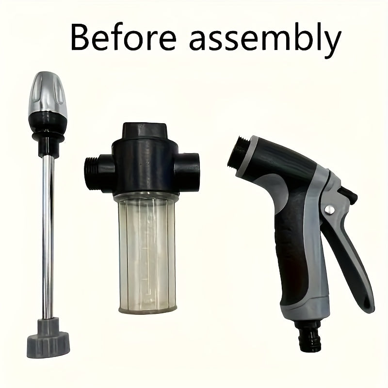 High-Pressure Car Wash Foam Gun with Long Handle - Adjustable Spray Nozzle for Cleaning, Watering, and Tire Inflation - Includes Foam Cannon and Pressure Spray Bottle