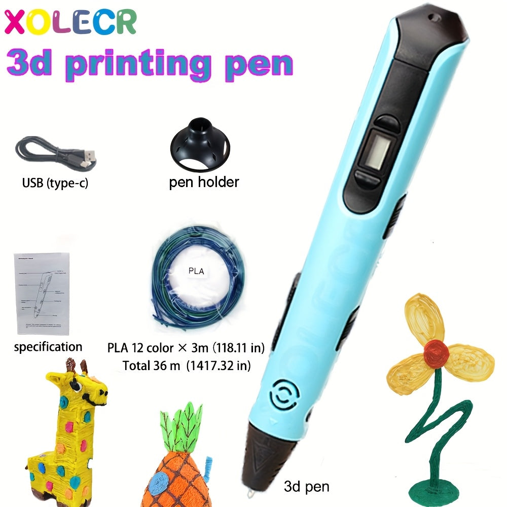 1pc Xolecr 3D Printing Pen with LCD HD Display - USB-Powered, Creative Drawing & Graffiti Art Tool, Ideal for Birthday and Christmas Gifts, Artistic Expression | LCD Screen Display | Versatile Pen, 3rd Generation