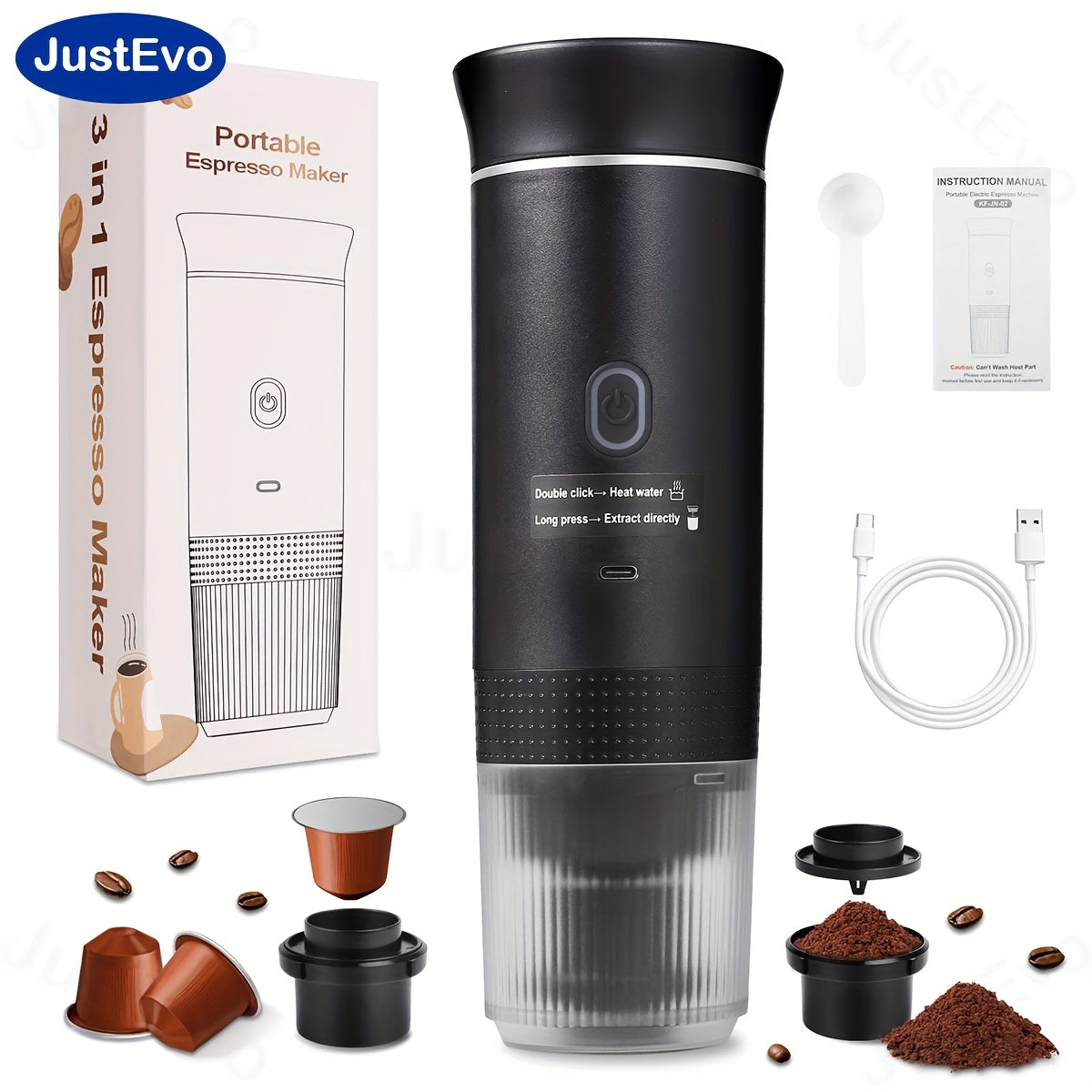 JustEvo Electric coffee maker, all-in-one coffee machine, coffee pot, and coffee appliance with smart temperature control and fast brewing. Compatible with coffee capsules and ground coffee. Perfect for cars, offices, camping