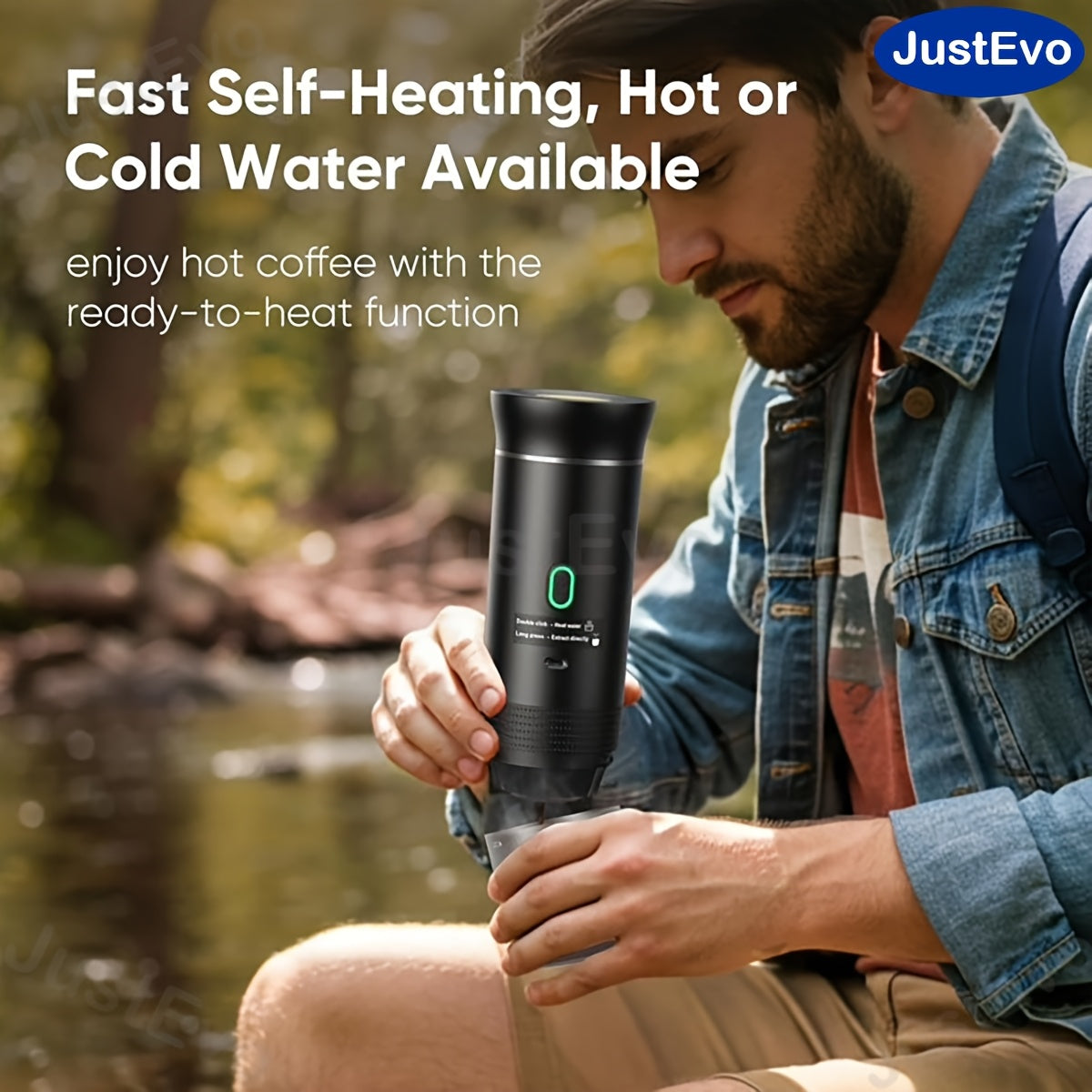 JustEvo Electric coffee maker, all-in-one coffee machine, coffee pot, and coffee appliance with smart temperature control and fast brewing. Compatible with coffee capsules and ground coffee. Perfect for cars, offices, camping