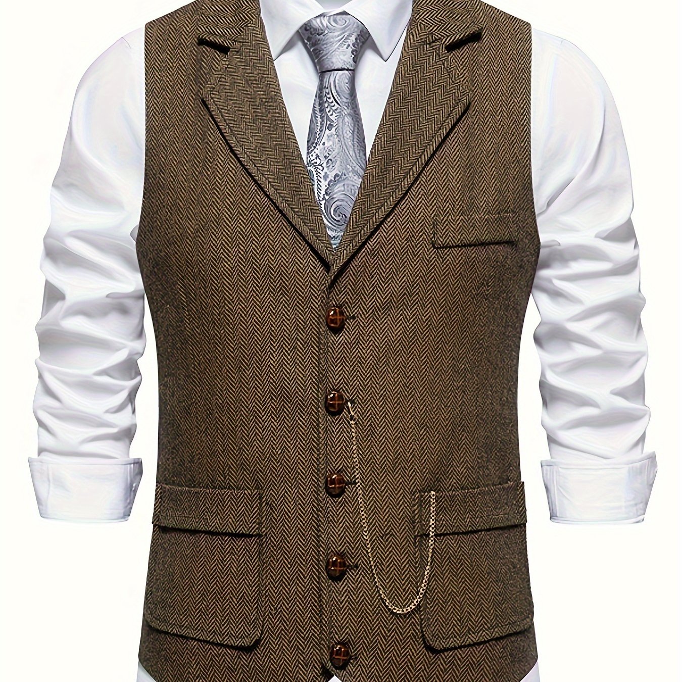 Men's Herringbone Tweed Single-Breasted Lapel Vest with Chain Detail - Stylish Brown Suit Vest for Business or Formal Occasions, Machine Washable, Stylish Layering Piece | Notched Lapel Design | Polyester Blend Vest