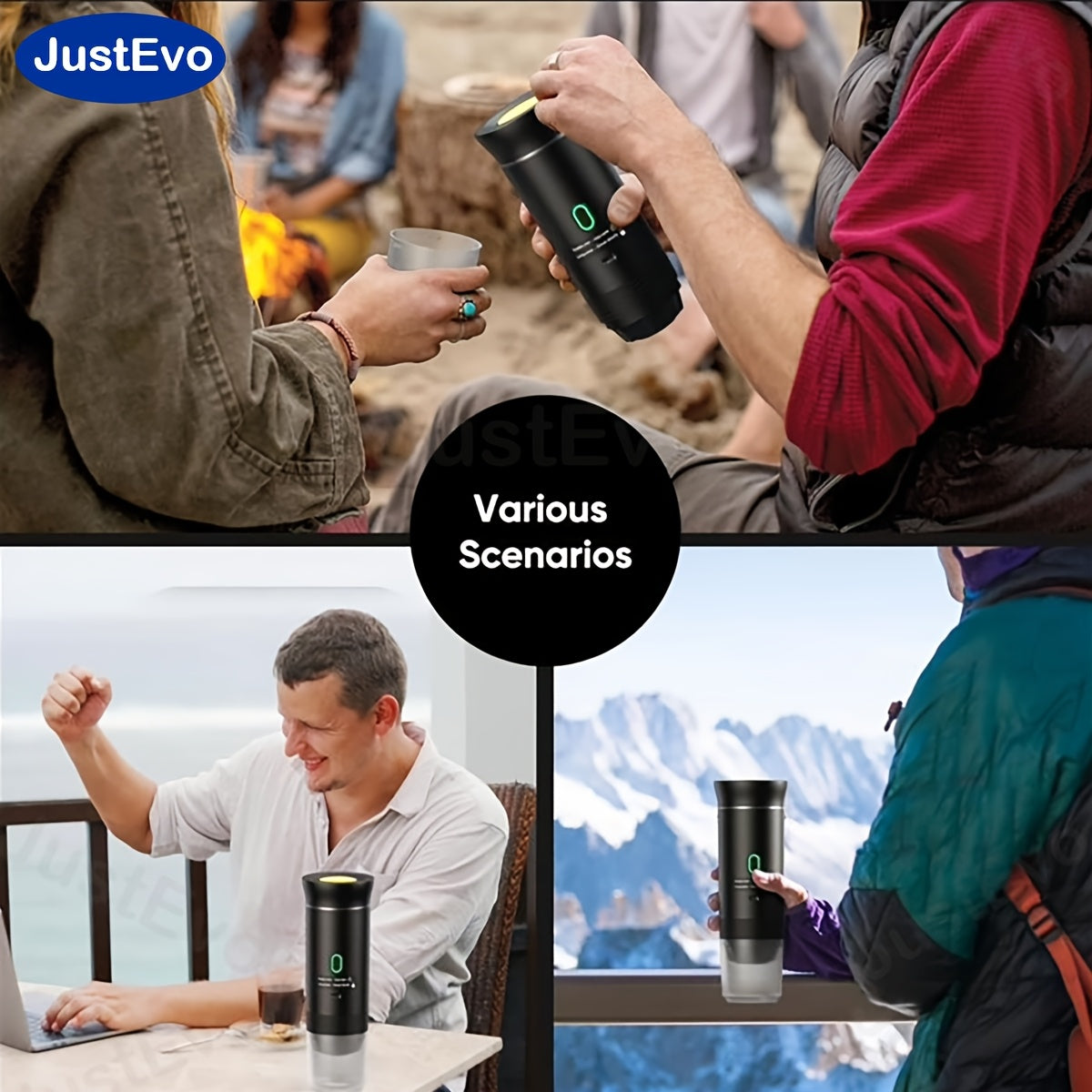 JustEvo Electric coffee maker, all-in-one coffee machine, coffee pot, and coffee appliance with smart temperature control and fast brewing. Compatible with coffee capsules and ground coffee. Perfect for cars, offices, camping