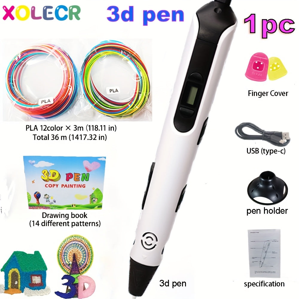 1pc Xolecr 3D Printing Pen with LCD HD Display - USB-Powered, Creative Drawing & Graffiti Art Tool, Ideal for Birthday and Christmas Gifts, Artistic Expression | LCD Screen Display | Versatile Pen, 3rd Generation