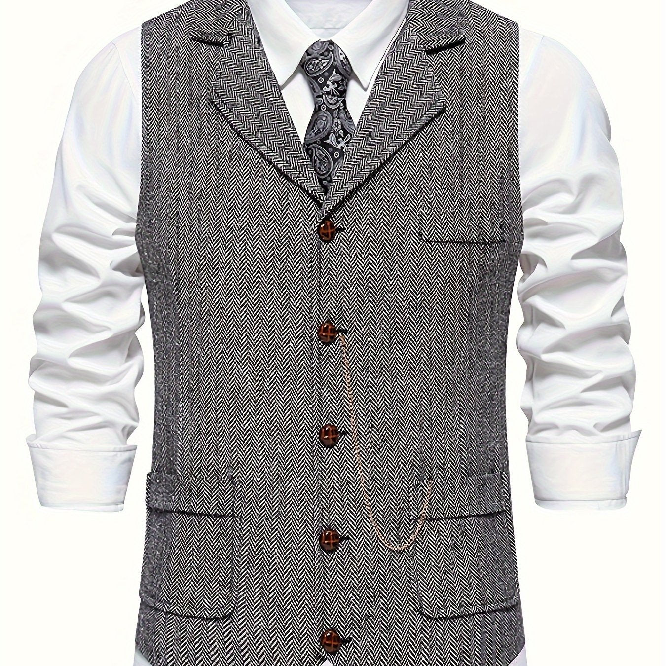 Men's Herringbone Tweed Single-Breasted Lapel Vest with Chain Detail - Stylish Brown Suit Vest for Business or Formal Occasions, Machine Washable, Stylish Layering Piece | Notched Lapel Design | Polyester Blend Vest