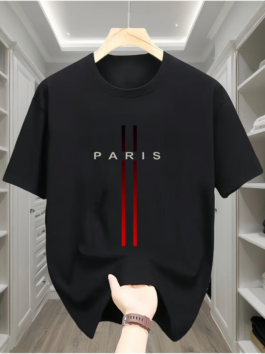 Men's 100% Cotton T-Shirt with Paris Flag Letter Geometric Print - Casual All-Season Crew Neck Tee with Short Sleeves and Slight Stretch - Comfortable Knit Fabric Regular Fit Sportswear Top