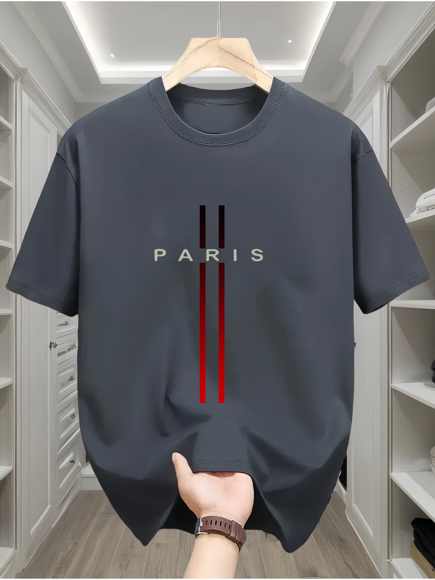 Men's 100% Cotton T-Shirt with Paris Flag Letter Geometric Print - Casual All-Season Crew Neck Tee with Short Sleeves and Slight Stretch - Comfortable Knit Fabric Regular Fit Sportswear Top