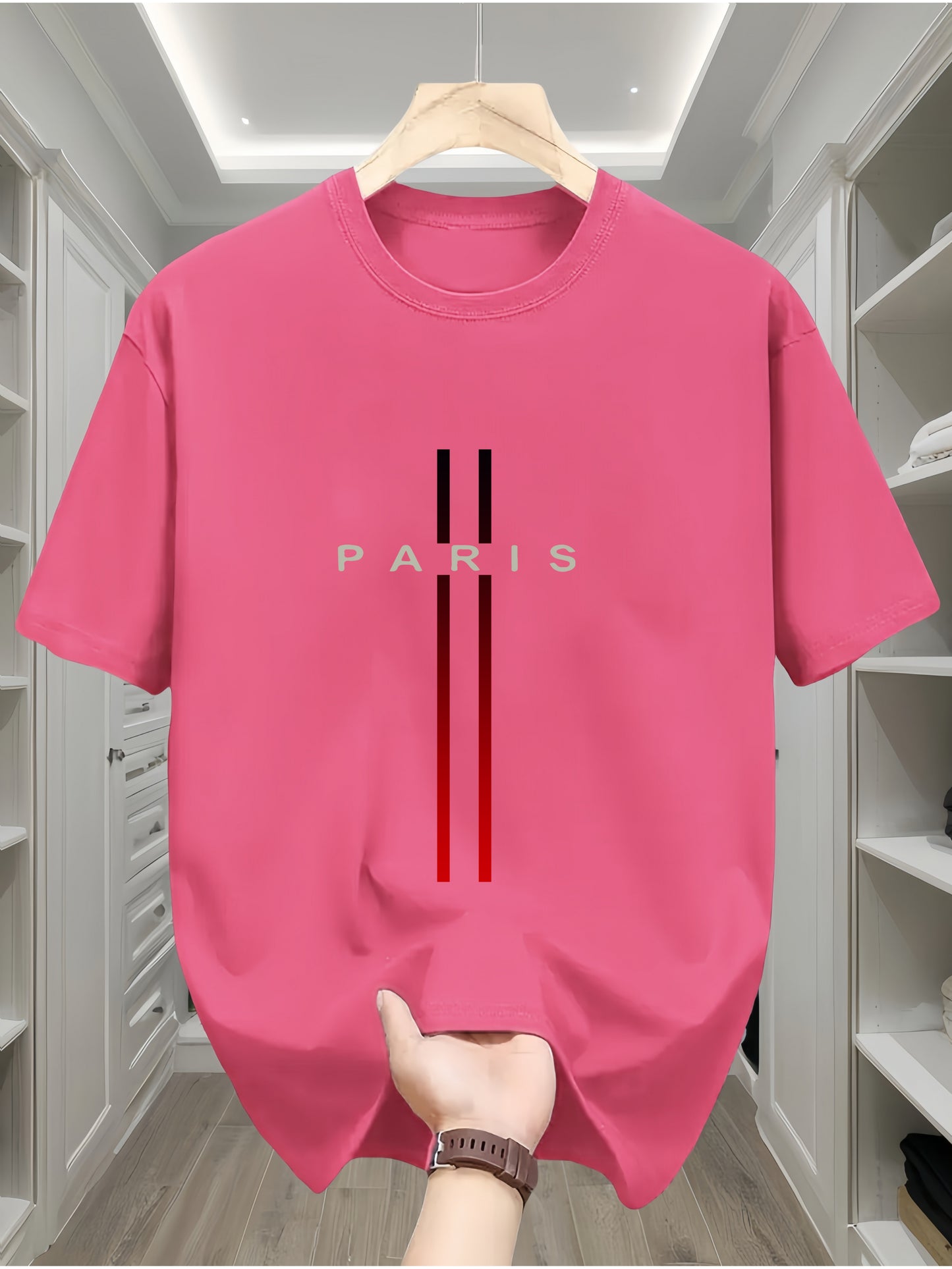 Men's 100% Cotton T-Shirt with Paris Flag Letter Geometric Print - Casual All-Season Crew Neck Tee with Short Sleeves and Slight Stretch - Comfortable Knit Fabric Regular Fit Sportswear Top