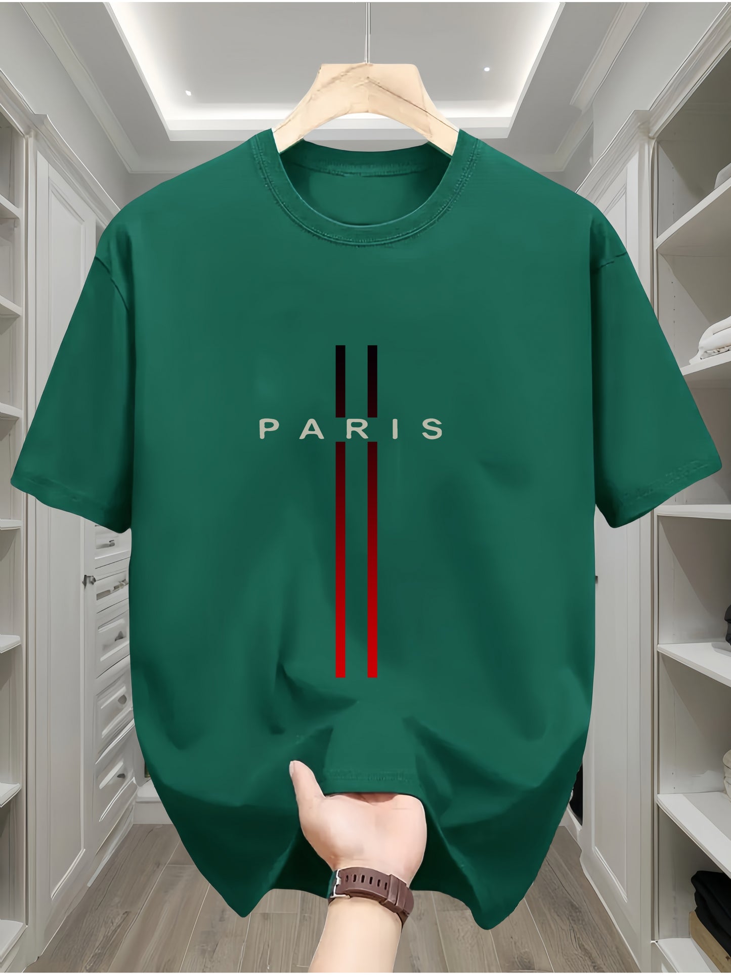 Men's 100% Cotton T-Shirt with Paris Flag Letter Geometric Print - Casual All-Season Crew Neck Tee with Short Sleeves and Slight Stretch - Comfortable Knit Fabric Regular Fit Sportswear Top